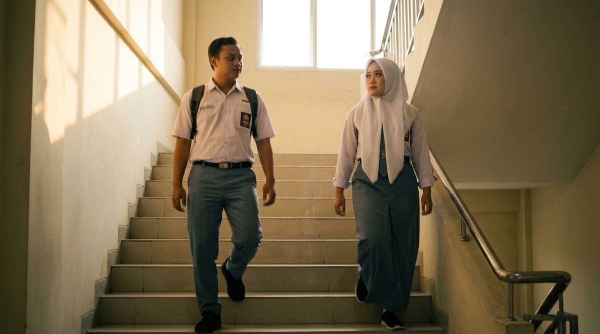 Bayu dan Lilik menuruni tangga sekolah