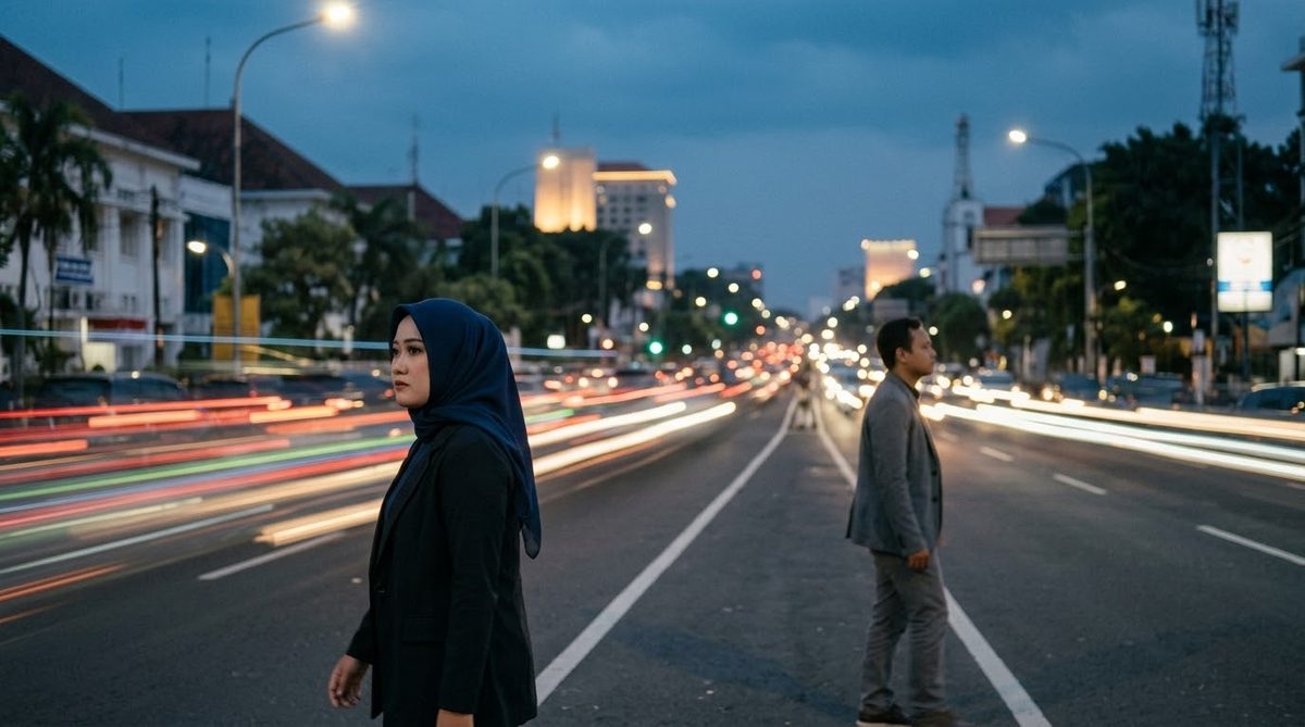 Bayu dan Lilik berjalan di jalan raya pada malam hari